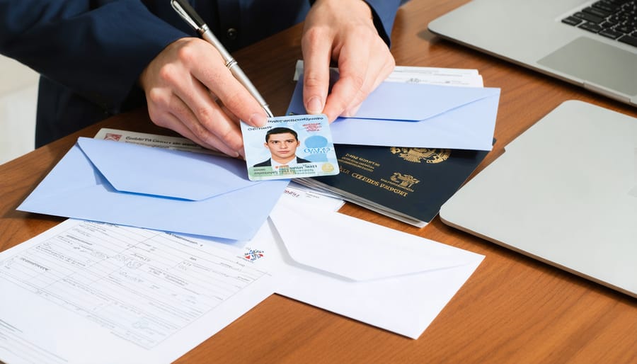 Hands of a pre-med student organizing a government ID, passport, credit card, and sealed transcript envelopes on a wooden desk next to an open, out-of-focus laptop with winter light through a frosted window.