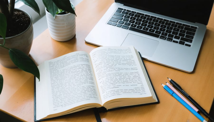 Open programming textbook next to a laptop, notebook, and pen on a wooden desk under soft window light, with screen and pages intentionally blurred to avoid legible text.