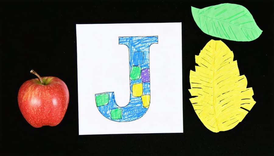 Preschool child decorating large letter J with colorful buttons, beads, and glitter