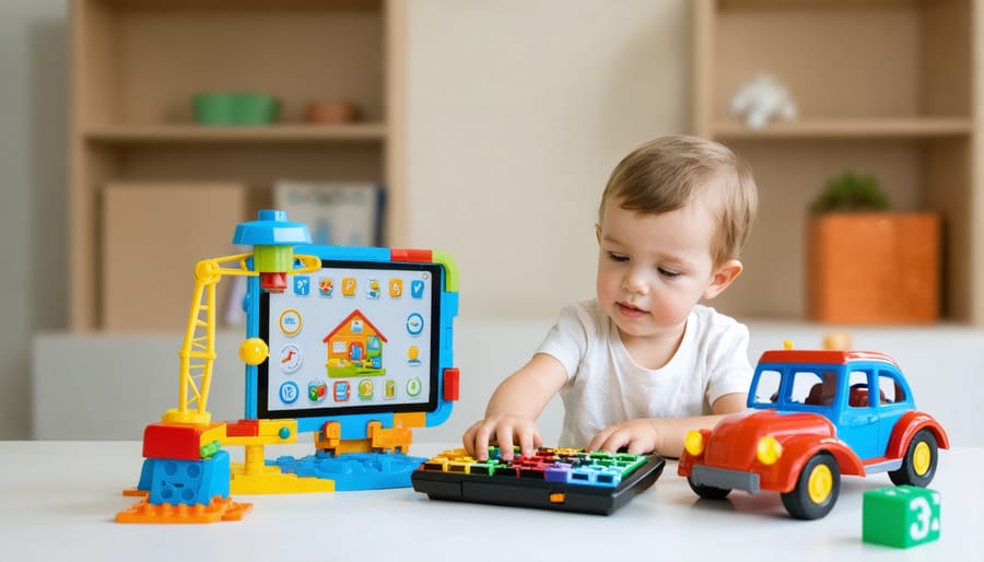 Child's hands manipulating colorful coding robot toy on classroom floor