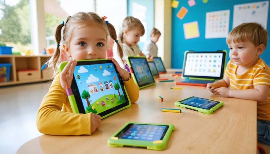 Kindergarten students using tablets in classroom with teacher supervision
