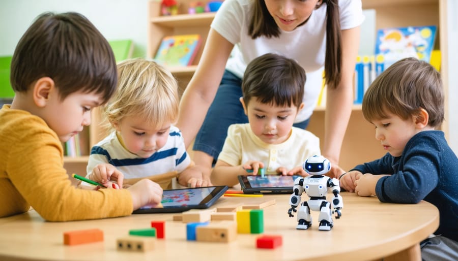 Teacher crouching beside diverse kindergarten students using tablets and a small coding robot at a low table with wooden blocks and picture books, in a bright classroom with shelves and a reading nook softly blurred; no visible text or logos.