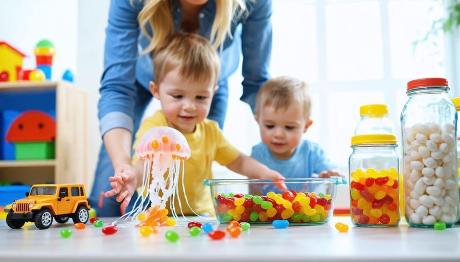 Preschool teacher and children in a bright classroom; one child mid-jump beside a table with coffee-filter jellyfish crafts and a sensory bin containing plastic jelly beans, a toy jeep, and small jars; softly blurred shelves and art supplies in the background.