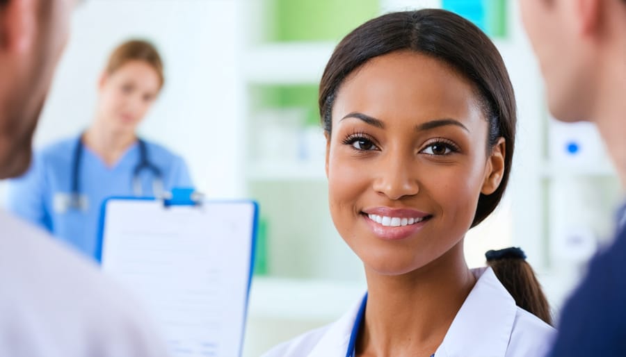 Student's hands completing multiple-choice nursing exam at testing desk