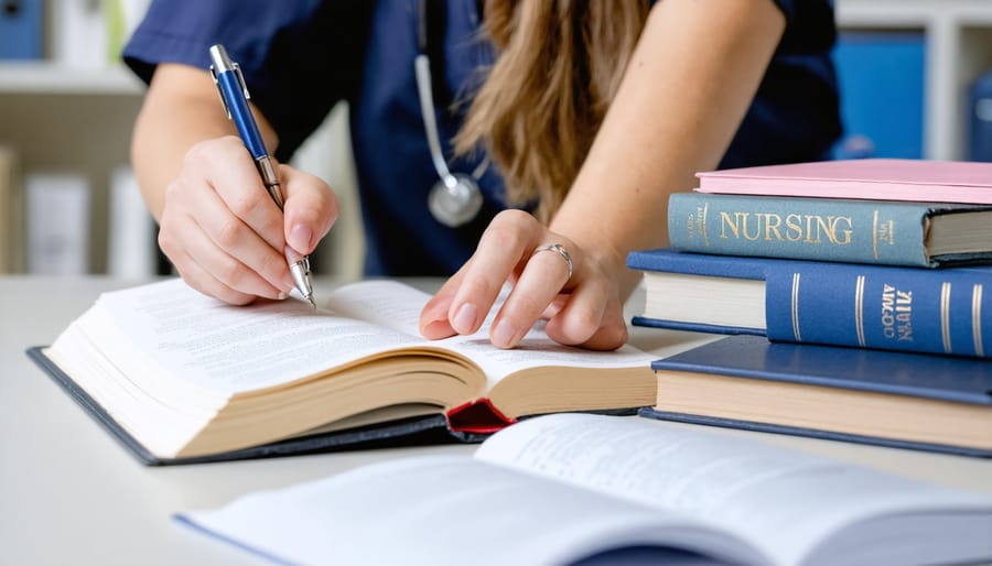 Nursing student studying at library desk with textbooks and laptop