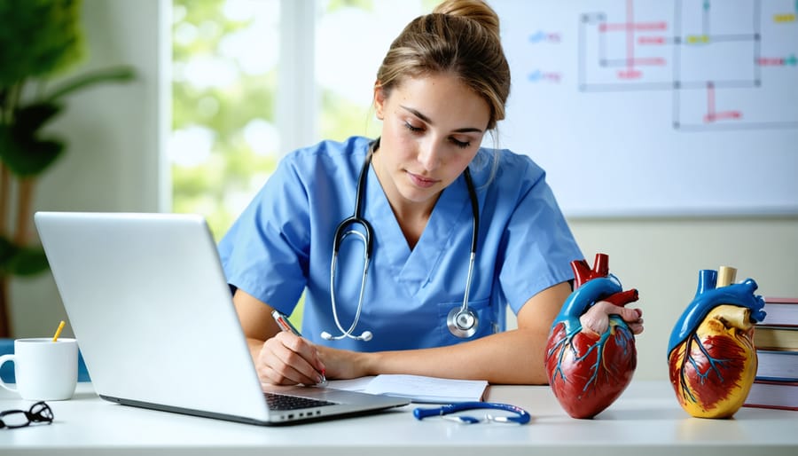 Nursing student in light-blue scrubs studying at a desk with a stethoscope, laptop, and small heart and lung models, photographed from slightly above with soft daylight and a blurred background of textbooks and an unmarked whiteboard.