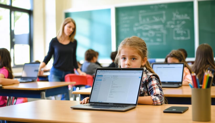 Teacher circulates as diverse middle school students work individually on personal laptops in a bright classroom, with a foreground student in sharp focus and background softly blurred.