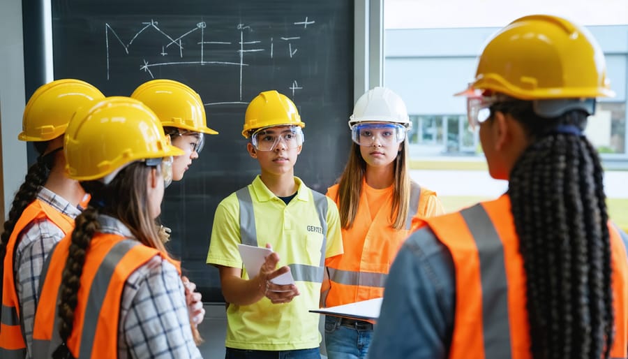 Instructor in hard hat and safety vest demonstrates procedures beside a guarded drill press while diverse high school students in PPE listen in a school workshop; benches, eyewash station, and safety posters are softly blurred in the background.