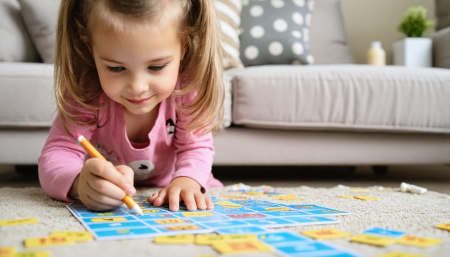 Parent and child playing educational word game together at home table