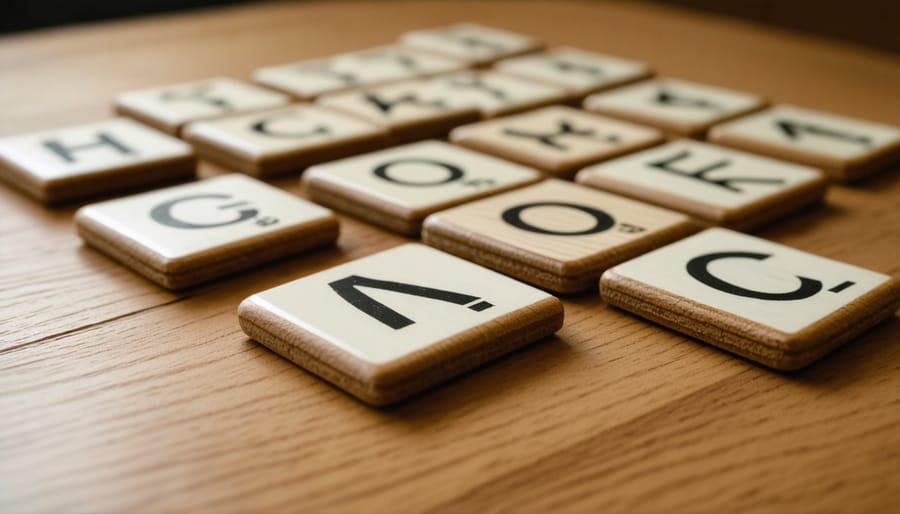 Overhead view of wooden letter tiles being arranged to form words on table