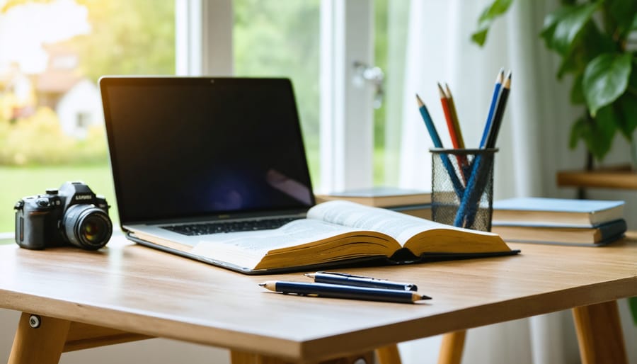 Laptop displaying practice exam on organized study desk with coffee and notepad