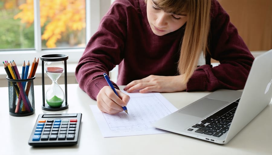 Student’s hands fill a blank answer sheet at a tidy desk with a laptop, calculator, and hourglass, with warm morning light and blurred autumn foliage outside.