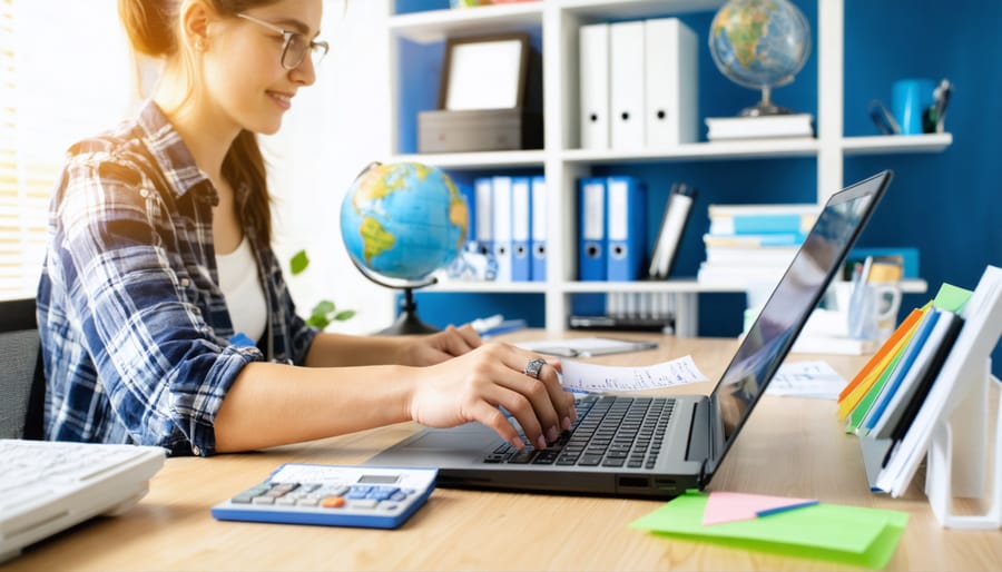 Tutor at a tidy home office desk sorting receipts beside a laptop and compact scanner, soft daylight, with blurred shelves holding books and a globe in the background.