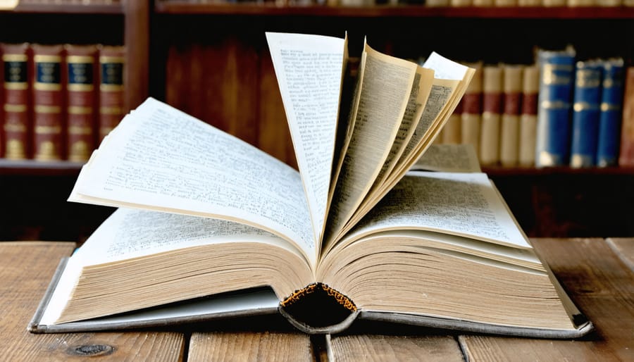 Open book with reading glasses and highlighter on desk from overhead view