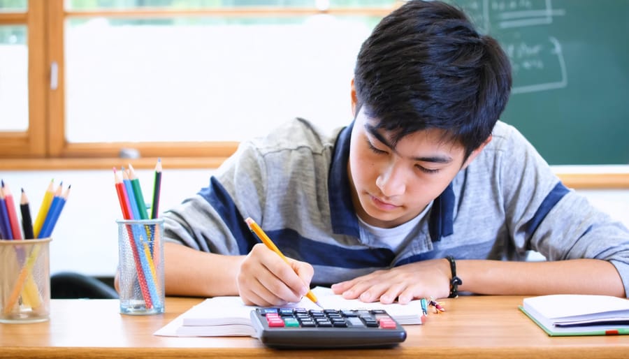 Student working on math problems at a desk with a pencil and graphing calculator, seen from a high 45-degree angle, with a blurred classroom and proctor in the background and no legible text visible.