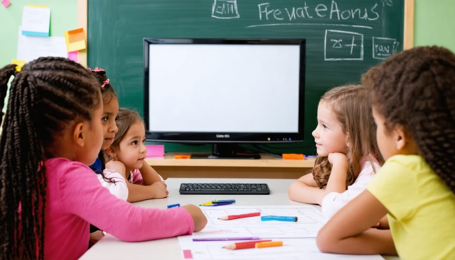 Group of second grade students engaged in classroom discussion with one child presenting to peers