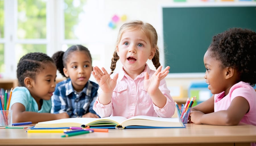 Diverse second-grade students sit with a teacher at a classroom table; one child speaks animatedly while classmates listen, in a bright room with blurred bookshelves and a whiteboard behind them.