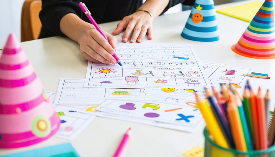 Teacher arranging colorful printable activity sheets, striped cone hat cutouts, crayons, scissors, and glue on a classroom table, with blurred bookshelves, rug, and a text-free bulletin board in the background.
