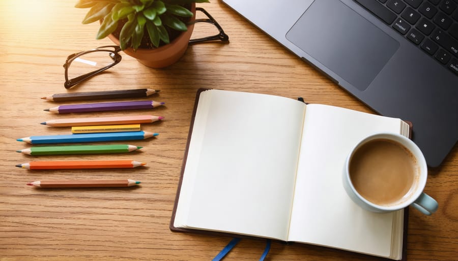 Six colored pencils fanned around a blank open notebook on a wooden desk with glasses and a coffee mug, photographed from a 45-degree overhead angle in soft daylight, with a closed laptop and plain folders softly blurred in the background.