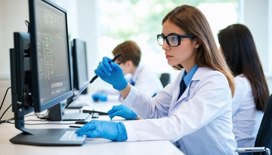 College students working together in a modern laboratory setting with technical equipment