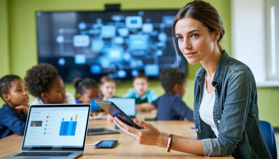 Teacher in a modern classroom using a tablet while students work on laptops at collaborative tables, with soft daylight, a device cart, and a blurred large display in the background.