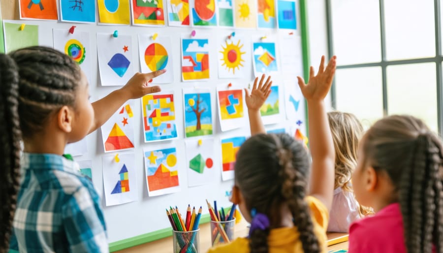 Teacher gesturing to a classroom board of colorful, text-free picture cards as diverse elementary students raise their hands, with shelves and art supplies softly blurred behind.