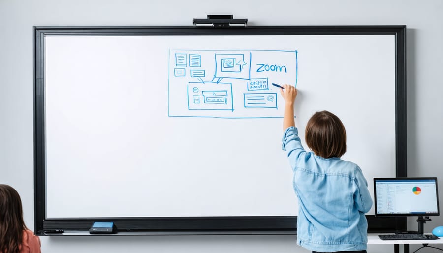 Educator troubleshooting technical issues on laptop in classroom