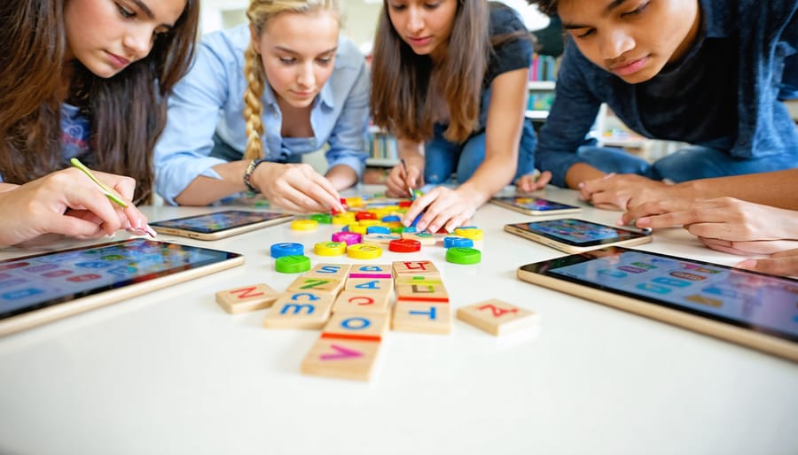 Diverse students and a teacher gathered around a classroom table arranging face-down wooden tiles and colorful tokens, with blurred quiz screens on tablets and a softly lit whiteboard in the background.