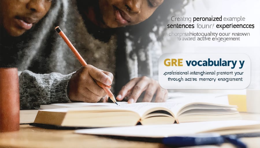 Student hands writing vocabulary example sentences in notebook with highlighters on desk