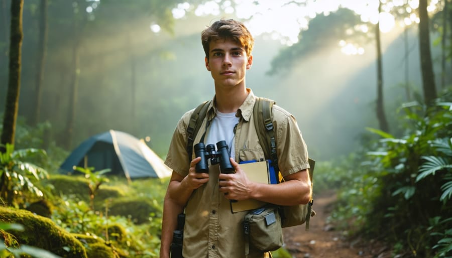 Zoology student in khaki clothing with binoculars and a handheld GPS at the edge of a tropical rainforest at golden hour, with a blurred canopy, distant research tent, and birds in the background