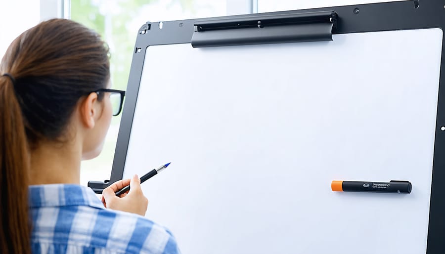 Educator's hands on laptop with stylus pen on desk in classroom setting