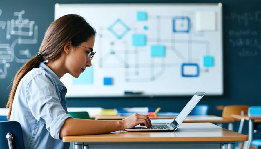 Teacher at a classroom desk testing a laptop with a softly lit digital whiteboard behind showing simple shapes and pen strokes, no text, conveying proactive maintenance for smooth whiteboard sessions.