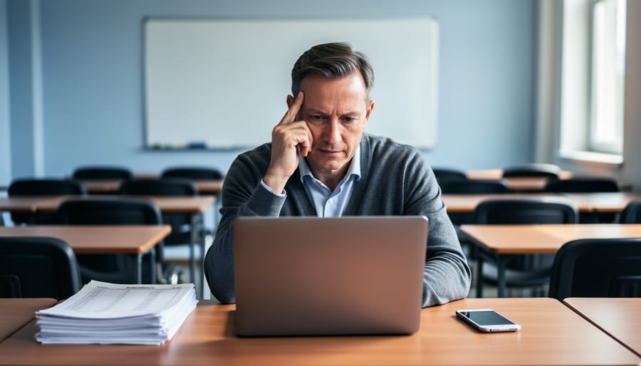 College instructor at a desk, hand on temple, reviewing attendance on a laptop with printed sheets and a smartphone nearby; blurred rows of empty seats and a whiteboard in the background under soft window light