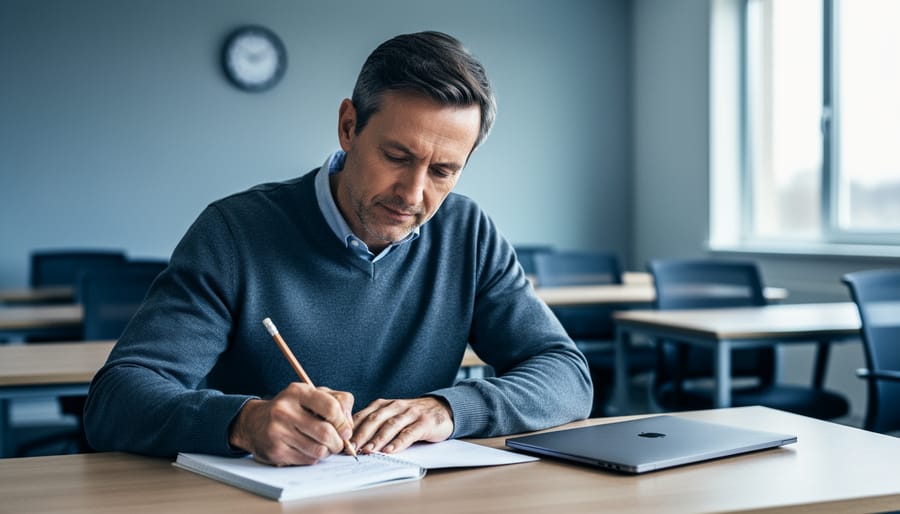 Mid-career graduate student writing in an exam booklet at a testing center desk, soft daylight, blurred proctor and indistinct wall clock in background, conveying focused competency assessment without visible text.