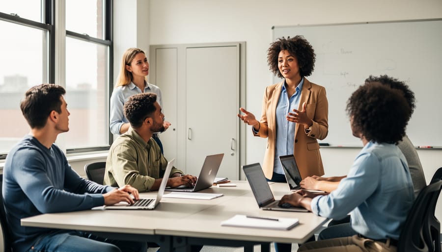 Young adult stands and leads a small group discussion in a bright classroom as diverse peers listen and a facilitator observes, with soft daylight and a clean whiteboard in the blurred background.