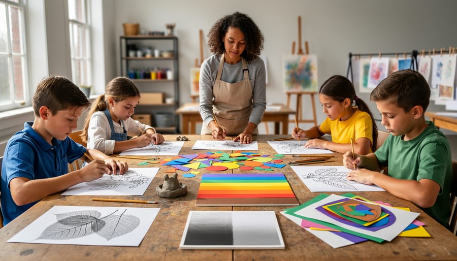 Teacher and diverse middle school students creating line drawings, cut-paper shapes, a small clay sculpture, painted color swatches, a shaded value gradient, textured leaf rubbings, and layered collages at a classroom table with soft natural light and blurred shelves in the background.