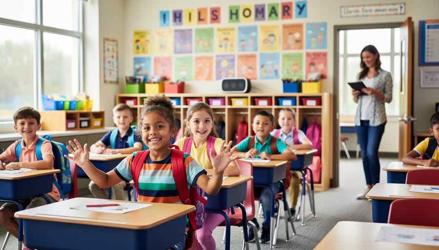 Diverse elementary students moving to their seats as music plays from a small speaker, with a teacher by the door starting the song on a tablet in a bright classroom.