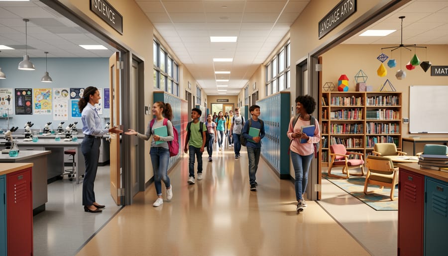 Middle school students walk between subject-specific classrooms in a bright hallway; a science teacher welcomes them at a lab doorway while bookshelves and geometric models indicate language arts and math rooms in the background.