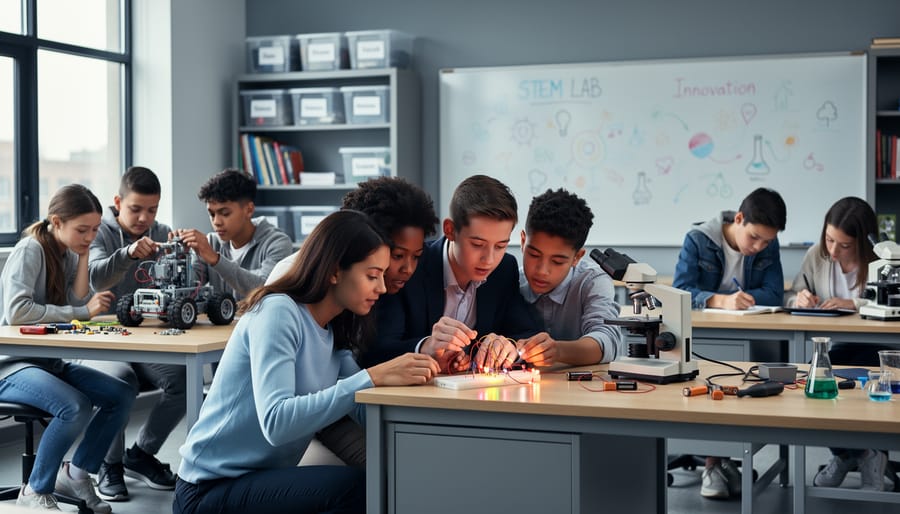 Diverse students in a modern STEM lab work on different tasks—teacher assisting a small group with a circuit experiment, others building a robot and using a microscope—under soft natural light, with a blurred whiteboard and shelves in the background.