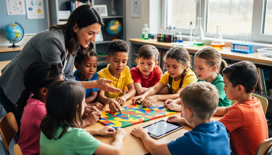 Elementary students work together with a tablet and colorful manipulatives at a classroom table while a teacher leans in to guide them, brightly lit by natural window light with classroom shelves and a globe softly blurred in the background.