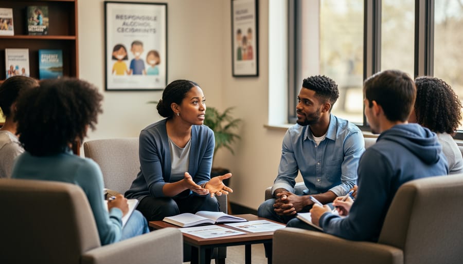 Educator guiding a circle of diverse college students in a campus counseling room under soft natural light, with notebooks and water bottles on a low table and blurred bookshelves and windows in the background.