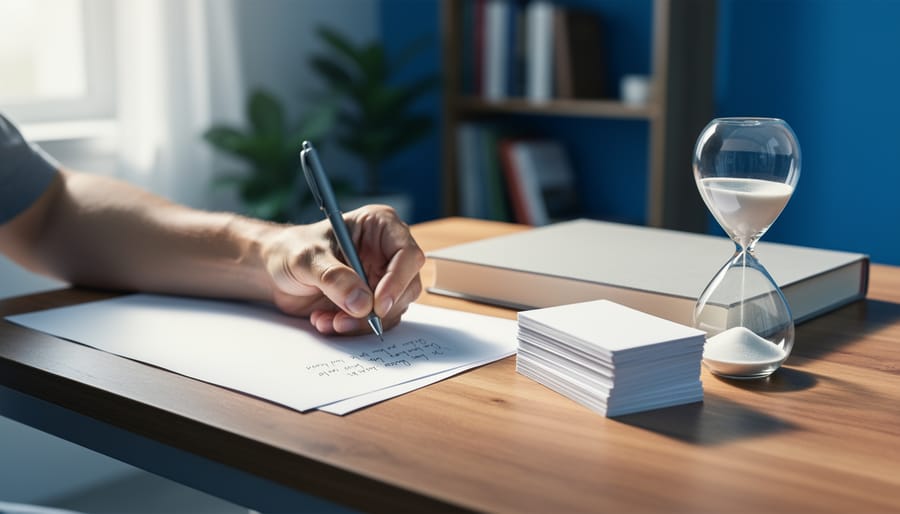 Student’s hand writing from memory on plain paper beside blank flashcards and an hourglass on a wooden desk, softly lit with a blurred bookshelf and plants in the background.