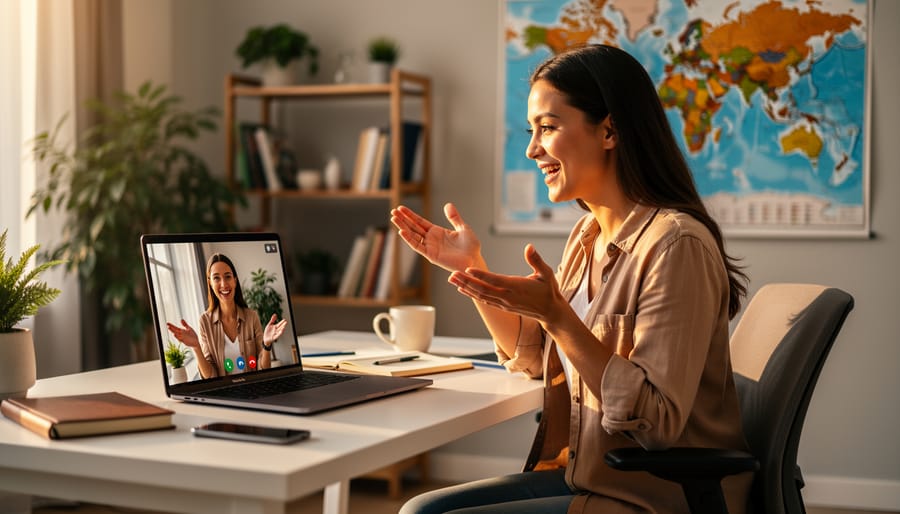 Adult language learner on a warm-lit video call with a smiling tutor, seated at a desk with notebook, headphones, and a heart-shaped mug; plants and a bookshelf softly blurred in the background.