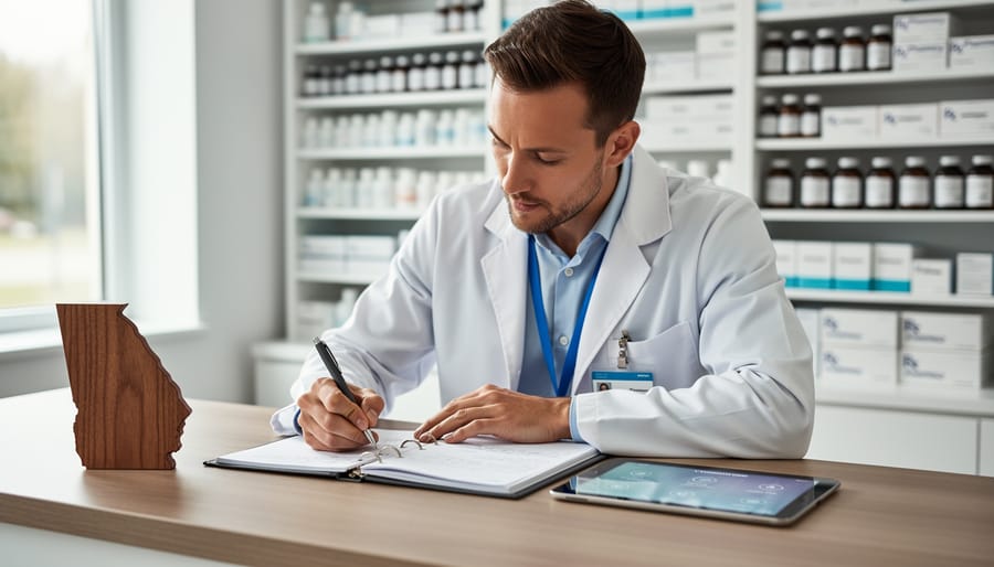 Pharmacist in a white coat reviewing a binder and tablet at a pharmacy desk, with a Georgia-shaped wooden ornament and blurred prescription bottle shelves in the background.