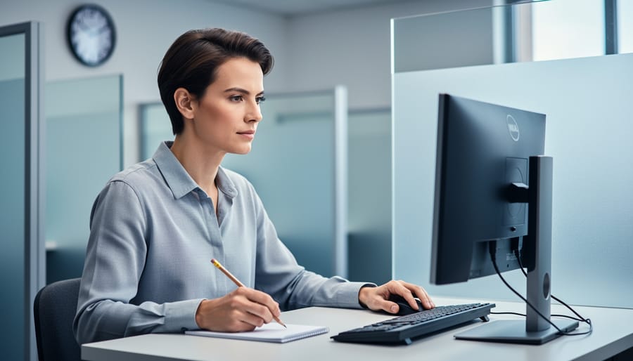 Focused adult at a computer workstation with pencil and scratch pad in a modern testing center, blurred cubicles and wall clock in the background.