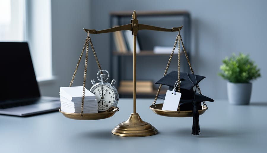 Brass balance scale on a study desk with flashcards and a stopwatch on one pan, graduation cap and plain ID badge on the other, blurred laptop and bookshelf behind, lit by soft window light.