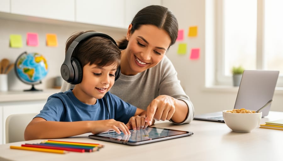 Child wearing headphones studies on a tablet at a kitchen table while a smiling parent guides them, with morning light and a blurred laptop and globe in the background.