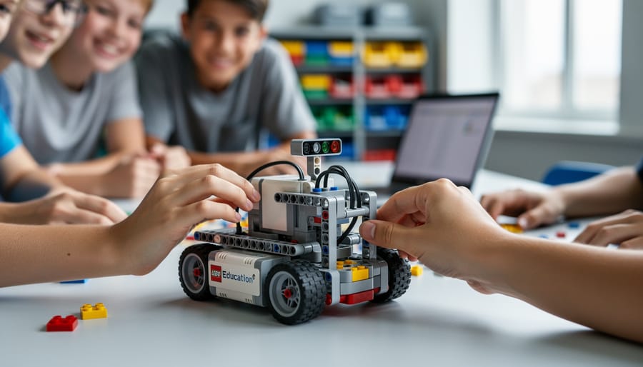 Close-up of students’ hands building a LEGO EV3 driving base robot with sensors and motors on a classroom table; classmates, laptops, and storage shelves blurred in the background under soft natural light.