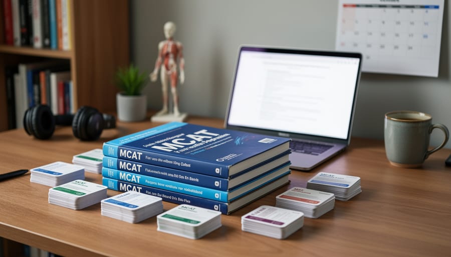 Organized home study desk with laptop, stack of MCAT prep books with blank spines, neatly arranged flashcards, headphones, wall calendar, and coffee mug in soft daylight; blurred bookshelf, plant, and anatomy model in the background.