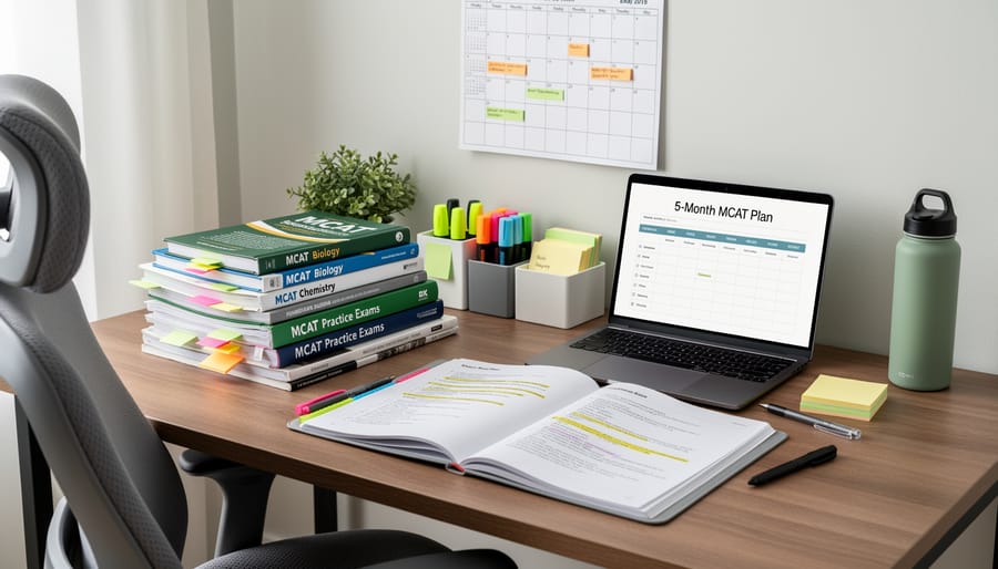 Medical study materials including textbooks, laptop, and highlighters arranged on desk
